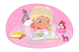 Little girl reading book at home. Happy clever child learning activity vector illustration. Kid lying on floor with