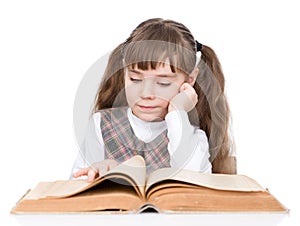 Little girl reading book. isolated on white background