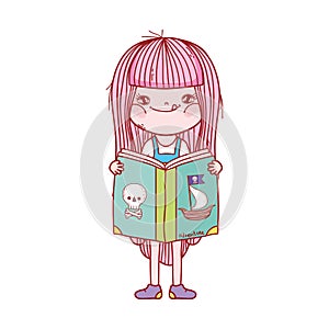 Little girl reading book pirate adveture cartoon isolated design