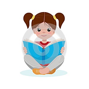 Little girl reading book while sitting. Education concept. Cute vector illustration in flat cartoon style