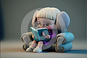 Little girl reading a book sitting on a sofa. 3d rendering