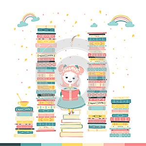 A little girl is reading a fairy tale story. Magical fantasy. Piles of books in the library. Vector cartoon illustration