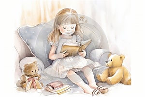 Little girl reading a picture book to her teddy bear