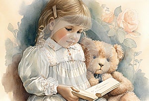 Little girl reading a picture book to her teddy bear friend