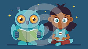 A little girl reading a story to her robot owl which watches her intently and blinks its large glowing eyes in response photo
