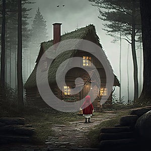 Little girl in a red cloak stands in the middle of an old wooden house in the forest