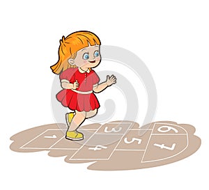 A little girl in a red dress is jumping while playing hopscotch. Vector illustration in cartoon style