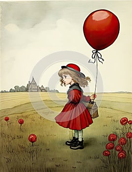 Little girl in a red dress with a red balloon in the field