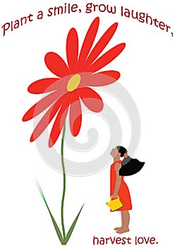 Little Girl in Red  Dress Watering a Giant Flower