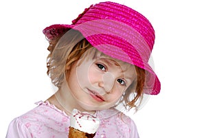 Little girl with red hat and ice cream