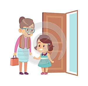 Little girl respect elderly. Polite child with good manners opening door to grandmother, children etiquette concept