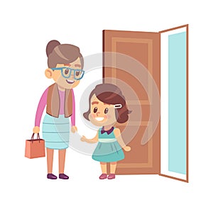 Little girl respect elderly. Polite child with good manners opening door to grandmother, children etiquette concept photo
