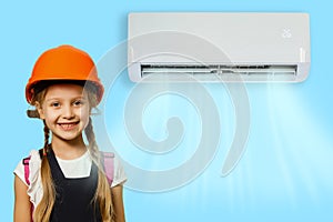 little girl resting under air conditioner on colored wall at home