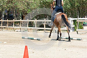 Little girl that rides a brown pony during Pony Game competition at the Equestrian School