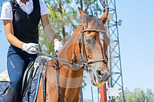 Little girl that rides a brown pony during Pony Game competition at the Equestrian School