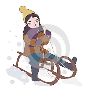 A little girl rides down the mountain on a sled. Vector isolated illustration. Winter vacations