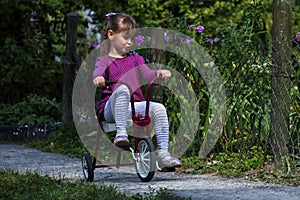 Little girl rides a retro tricycle