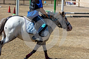 Little girl that rides a white pony during Pony Game competition at the Equestrian School