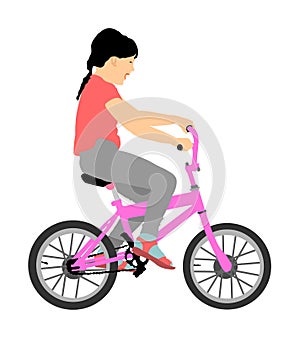Little girl riding bicycle vector illustration isolated on white background. happy kid on bike. Child laughing. Daughter birthday