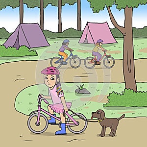 A little girl riding bycicle while holding dog illustration