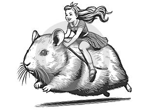 Little Girl Riding Giant Hamster engraving vector