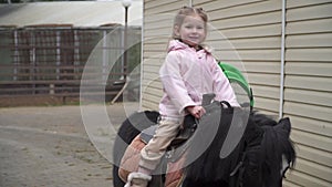 little girl is riding pony. Child rider on horse on farm in equestrian school.
