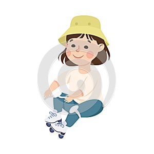 Little Girl on Roller Skates Wearing Kneepads in Skate Park Having Fun and Enjoying Recreational Activity Vector