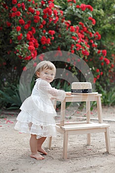 Little girl in rose garden next to a big bush of red roses