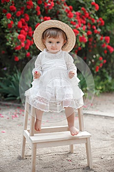 Little girl in rose garden next to a big bush of red roses