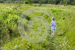 Little girl running away in meadow