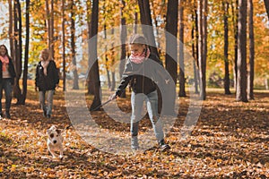 Little girl running with her dog jack russell terrier among autumn leaves. Mother and grandmother walks behind