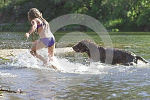 The little girl runs away from the dog in the river, the girl is afraid of the dog.Little girl playing in the river with a dog on