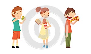 Little Girl with Sandwich and Boy Rejecting Eating Apple Fruit Vector Set