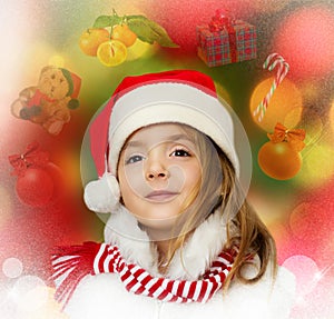 Little girl in santa clothes dreaming about christmas, new year.