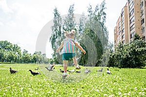 Little girl scares pigeons fun game summer. ecology, runs on the grass in the city park outdoors, lifestyle
