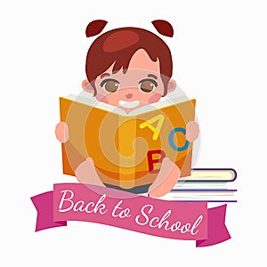 Little girl with school books and notebooks learning smile, back to concept