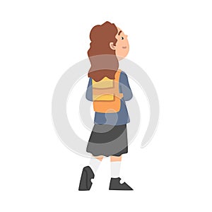 Little Girl in School Uniform with Backpack Standing and Looking at Something with Interest Back View Vector