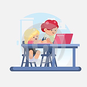 Little girl schoolgirl and boy schoolboy doing homework. Children workplace for study. Vector colorful illustration in flat style