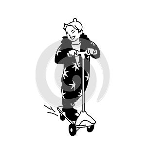 Little girl on a scooter. Front view. Monochrome vector illustration of happy cute girl in jumpsuit with stars riding a