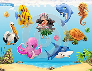 Little girl with a seashell. Funny sea animals and fishes. Vector icon set