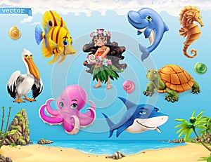 Little girl with a seashell. Funny sea animals and fishes. Vector icon set photo