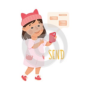 Little Girl Sending Message Via Smartphone as Demonstration of Vocabulary and Verb Studying Vector Illustration