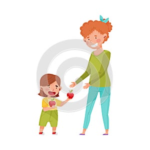 Little Girl Sharing Apple with Young Woman Vector Illustration