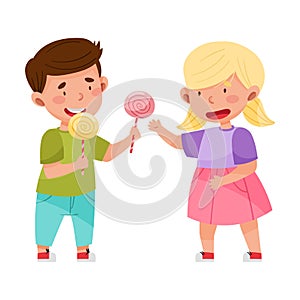 Little Girl Sharing Candy with Boy Vector Illustration