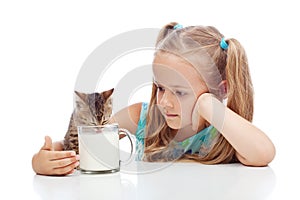 Little girl sharing milk with her kitten