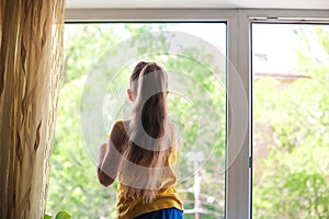 Little girl in shirt and blue shorts washes the windows at home. Daughter with a cat wash the window