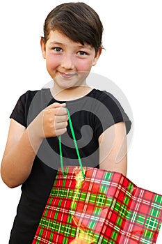 Little girl with shopping bags on white background