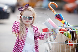 Little girl with shopping cart with products