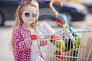 Little girl with shopping cart with products