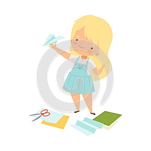 Little Girl Showing Handcrafted Paper Plane Vector Illustration